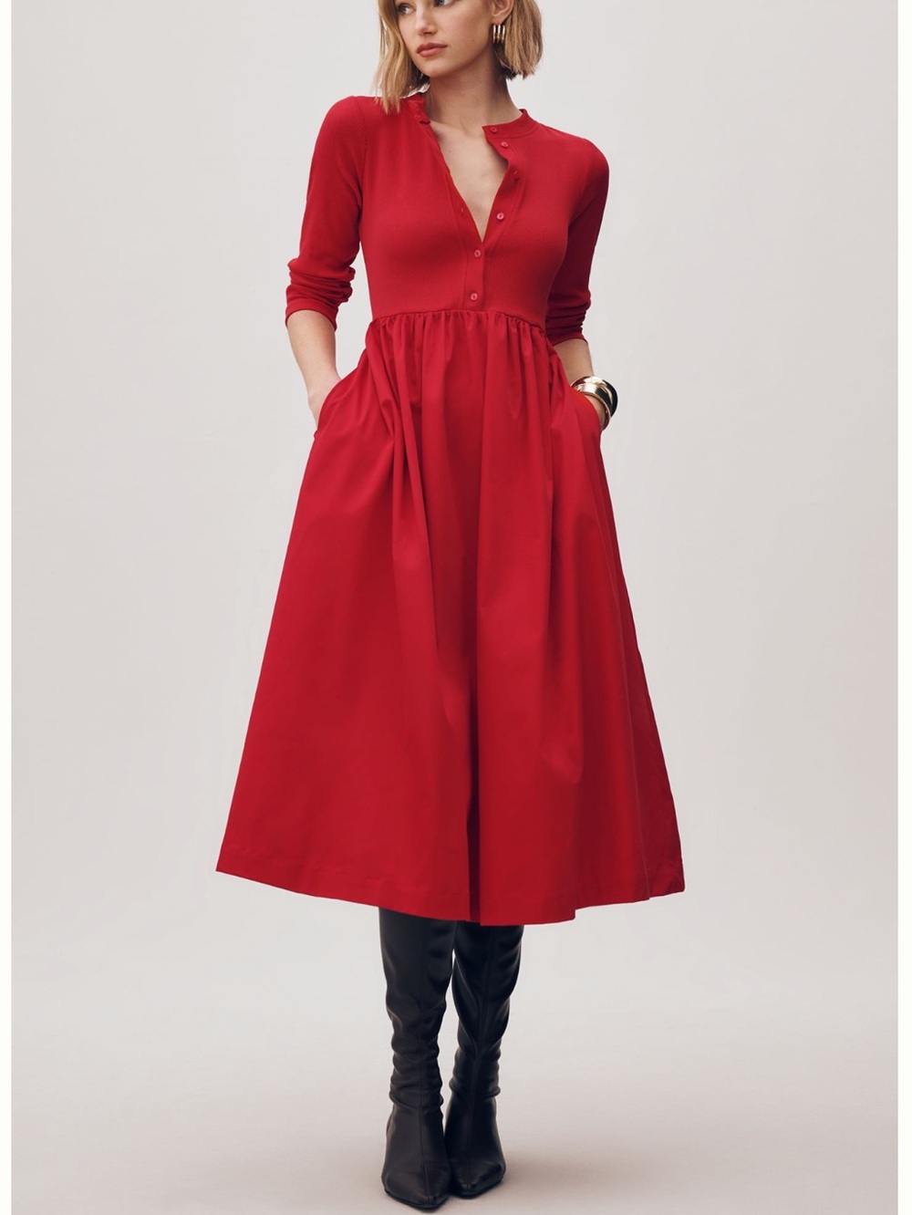 Anthropologie Long-Sleeve Twofer Button-Front Cardigan Midi Dress NEW Red Large
